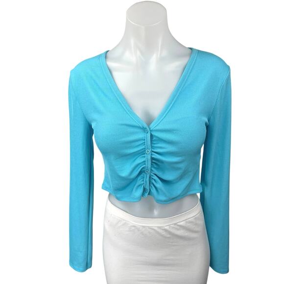 NEW Zara Blue Ribbed Knit Long Sleeve Button Down Crop Cardigan Sweater Top S - Picture 1 of 4